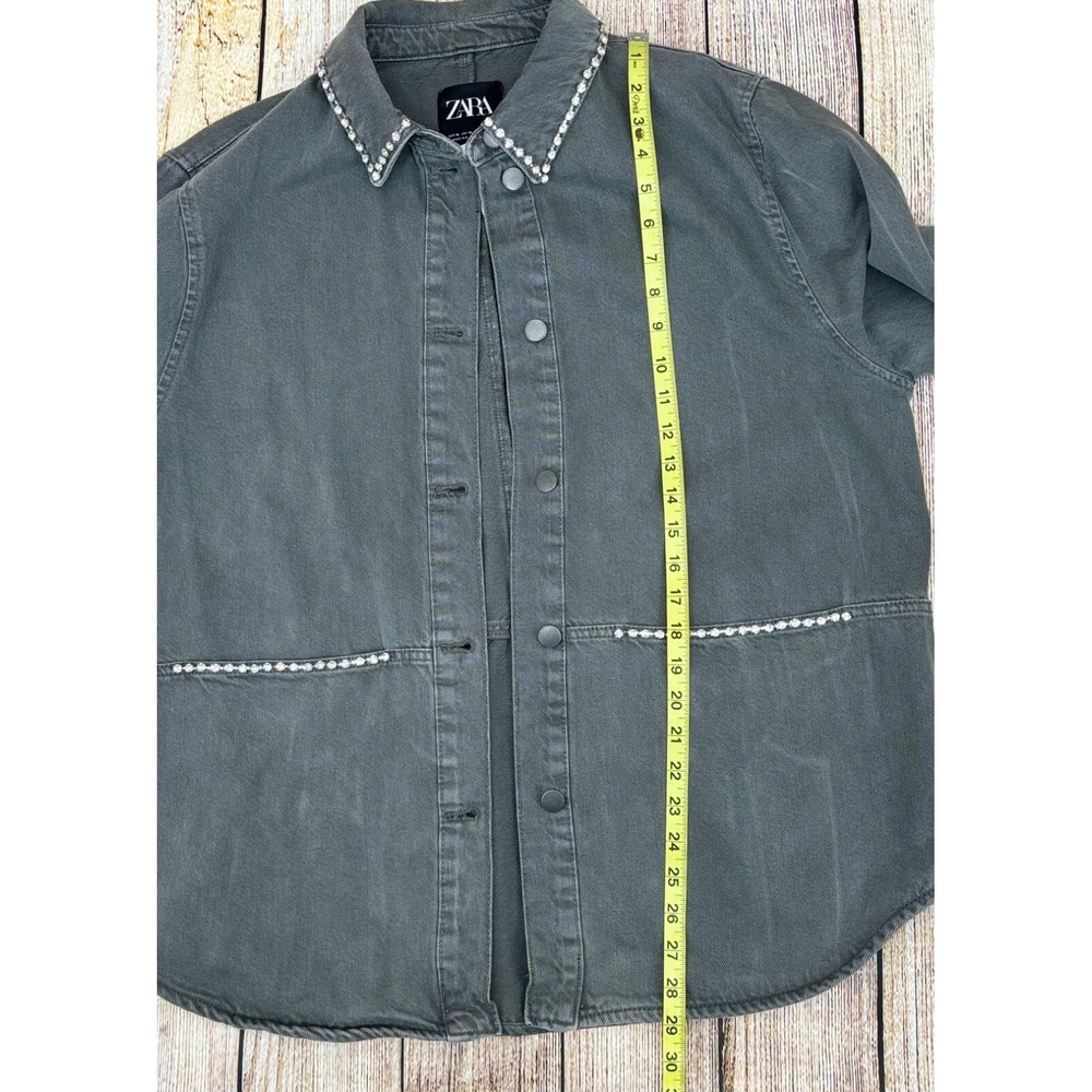 Zara XL Gray Denim Embellished Utility Jacket Crystal Stud Collar Pockets NWT - Picture 5 of 7